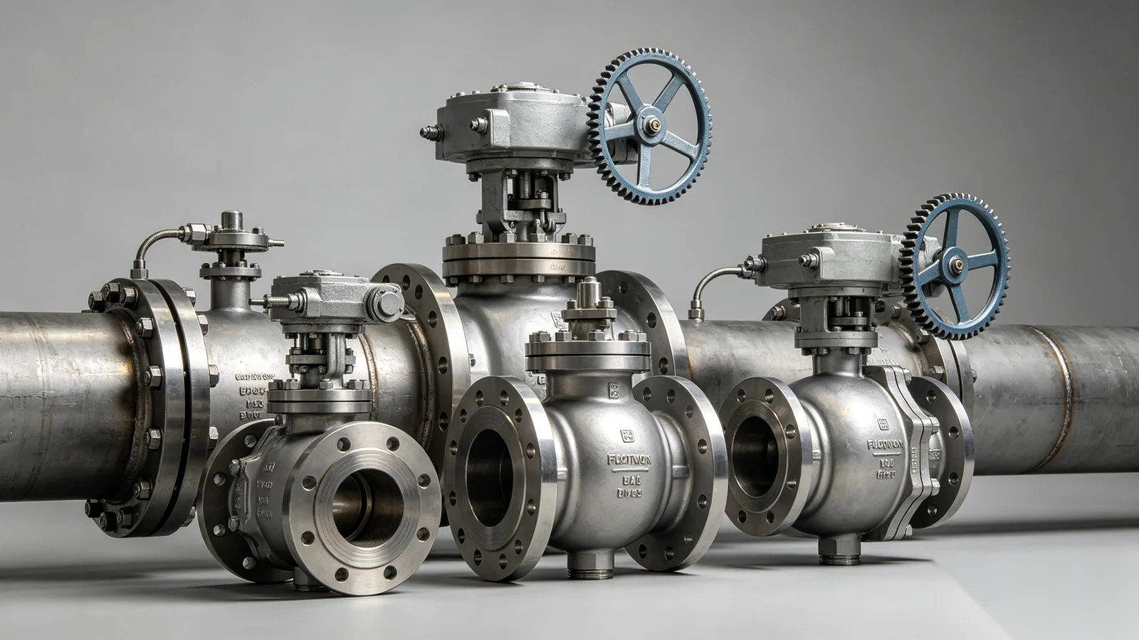 Floating and trunnion ball valves with worm gear operators in an industrial valve yard