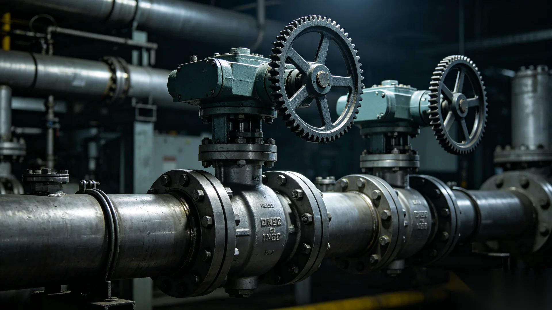 Heavy duty worm gear operator mounted on an industrial ball valve in a process plant