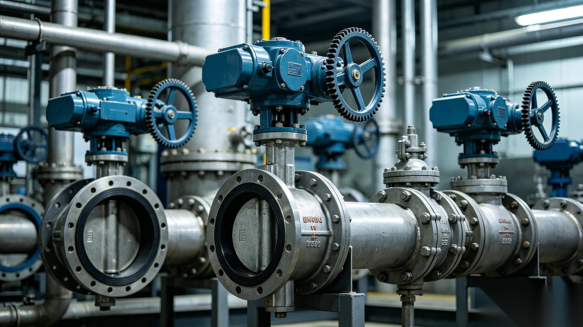 Valve gear operators mounted on butterfly, ball, and gate valves in an industrial plant