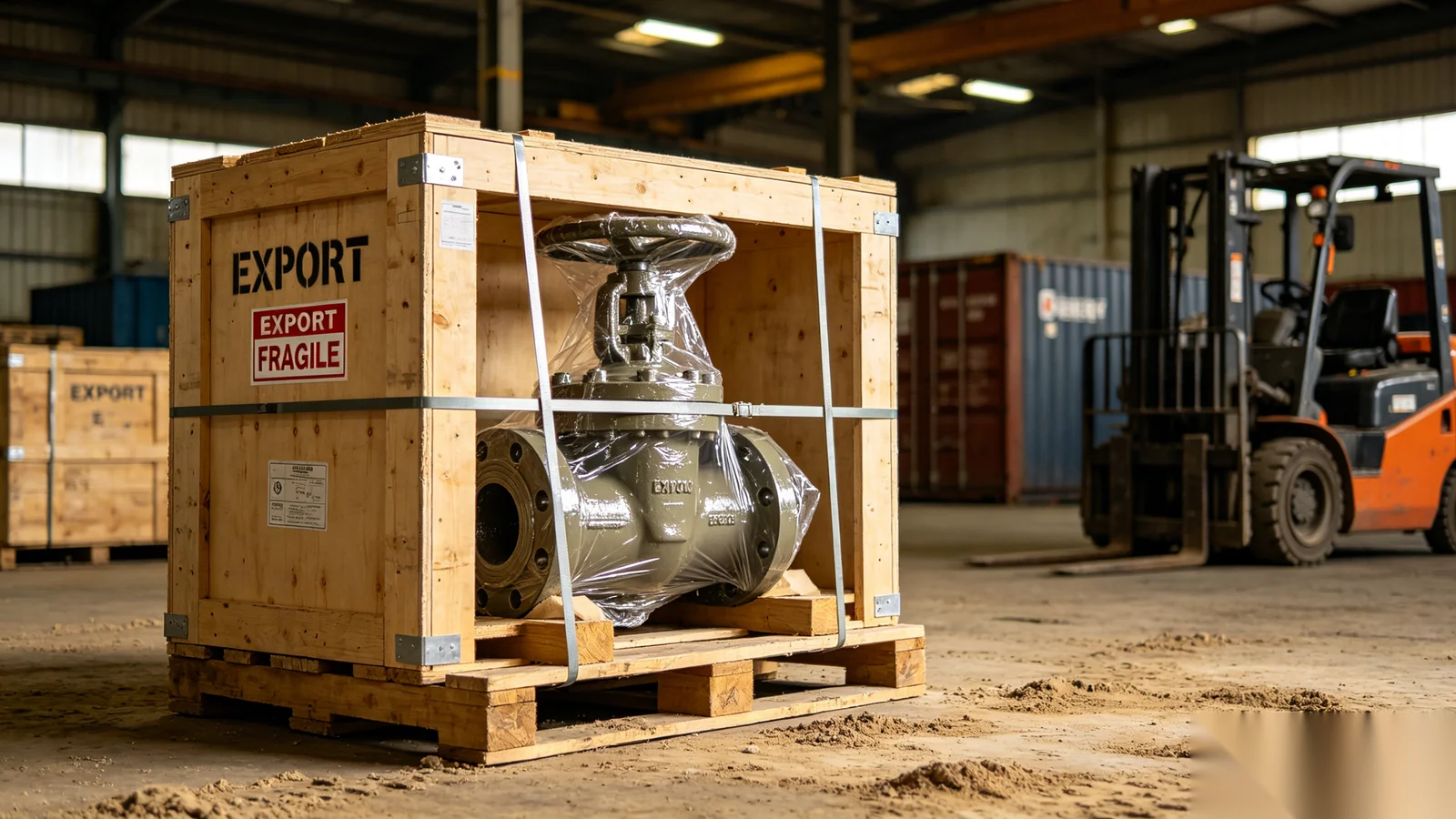 Export wooden cases and corrosion-protected packaging for industrial valve gear operators