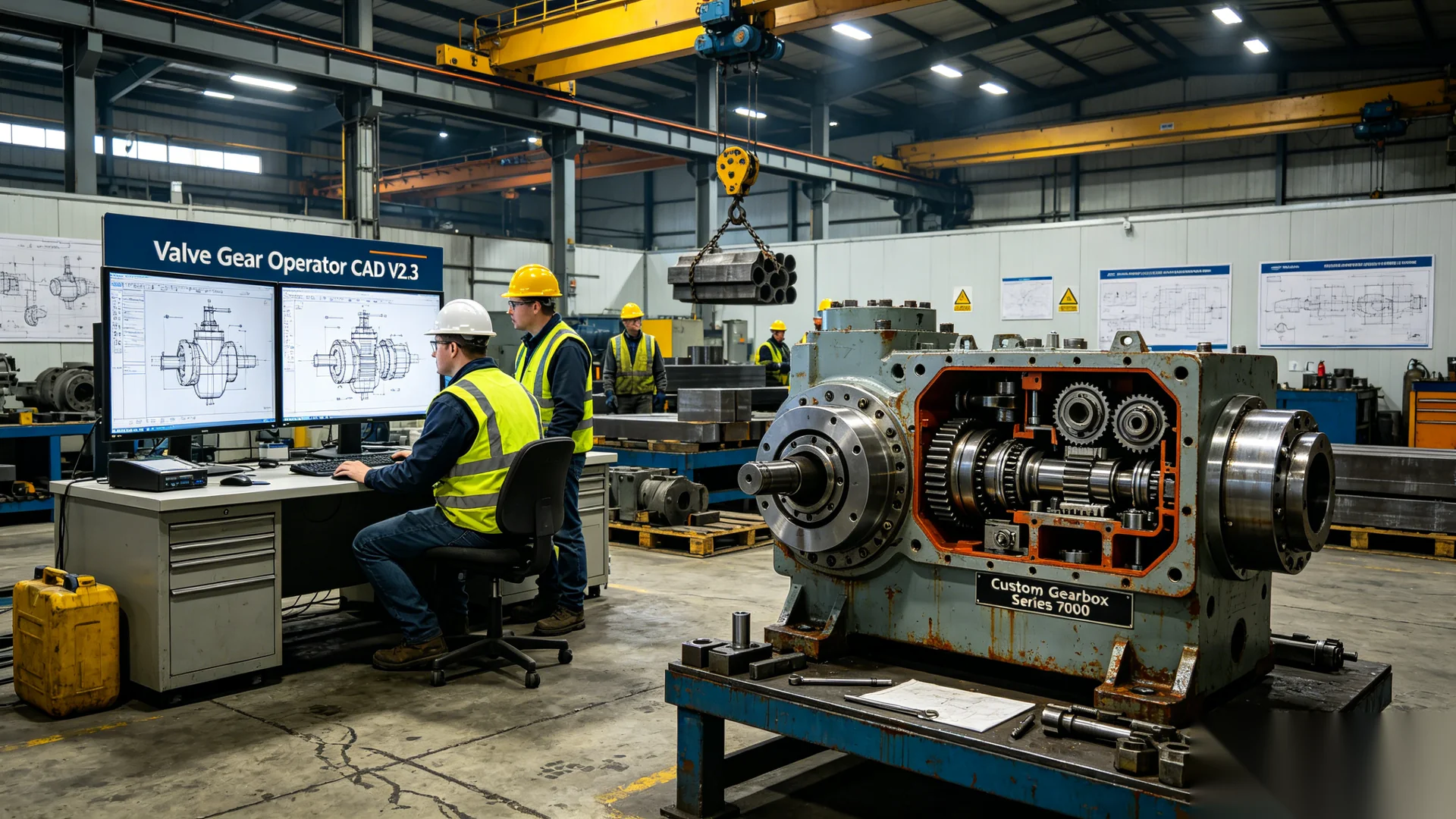 OEM manufacturing floor with valve gear operators, CNC machining and assembly for industrial valve projects