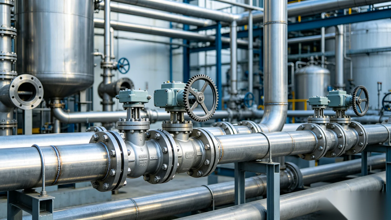 Butterfly and ball valves with gear operators in chemical processing plant
