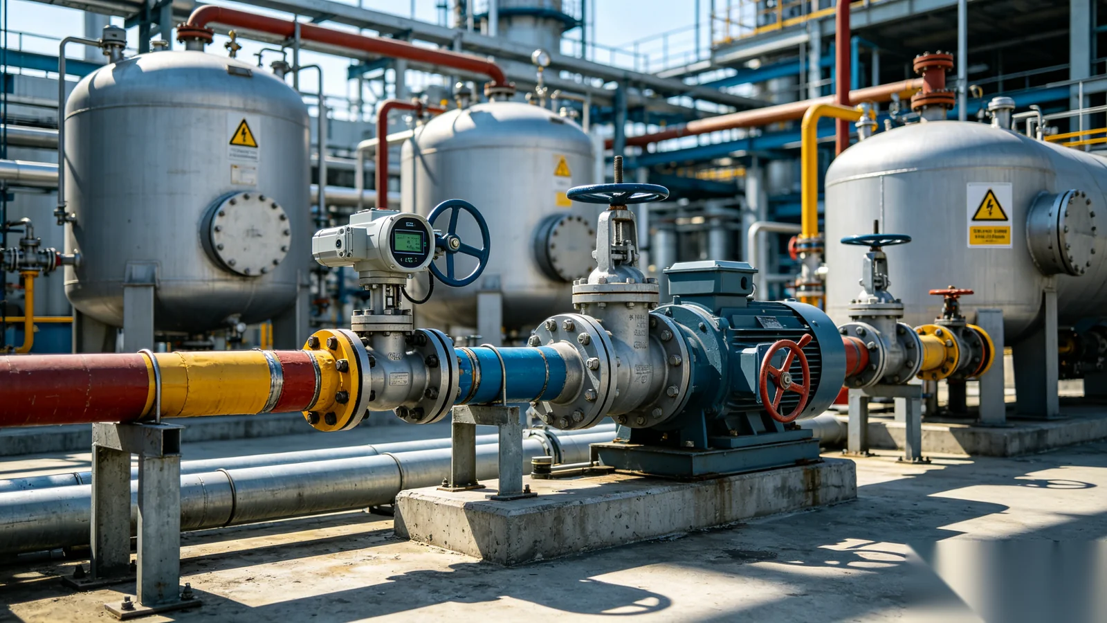Chemical plant tank farm and process units with valve gear operators