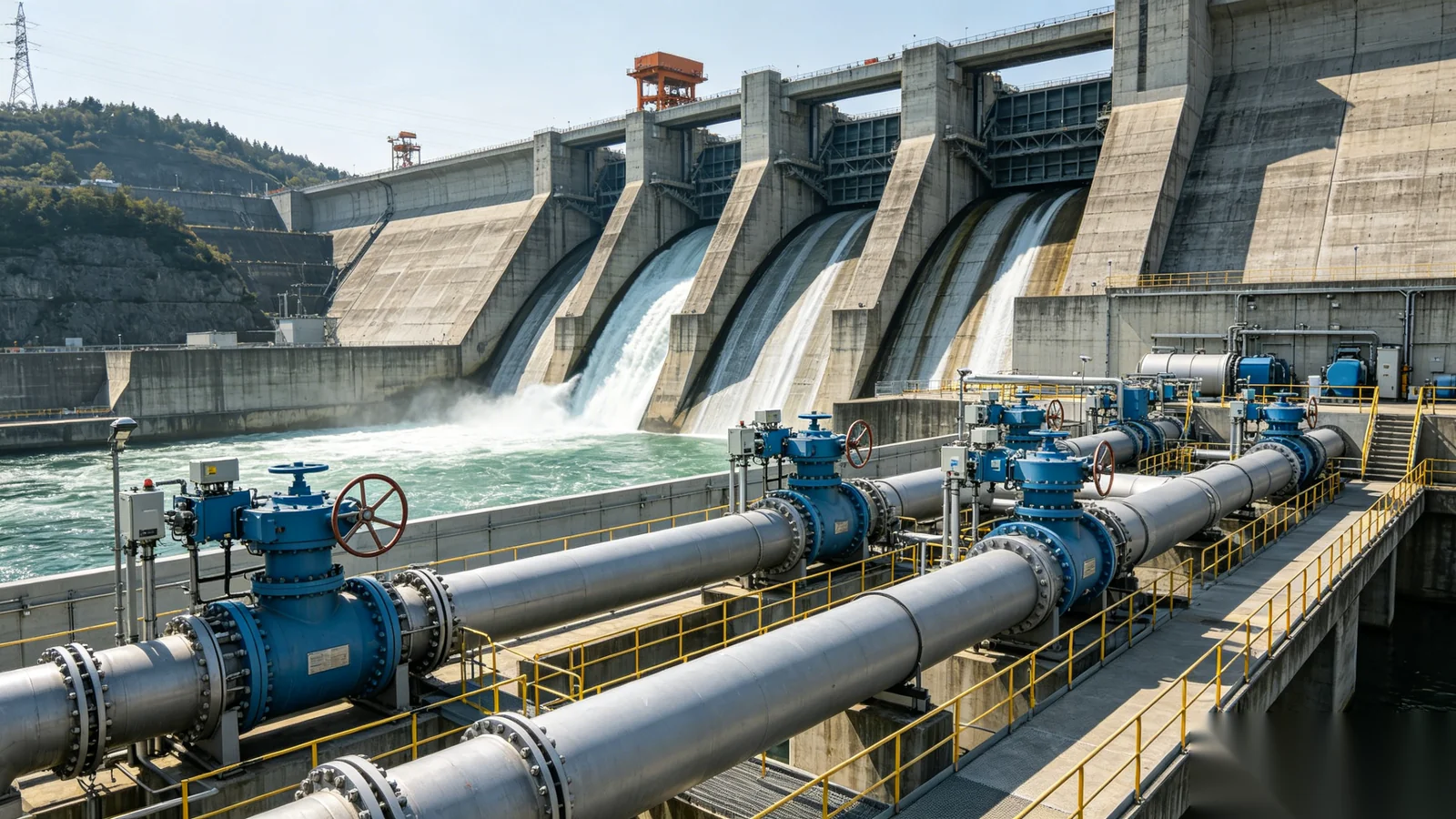 Penstock and dam water conveyance valve with gear operator at hydroelectric facility