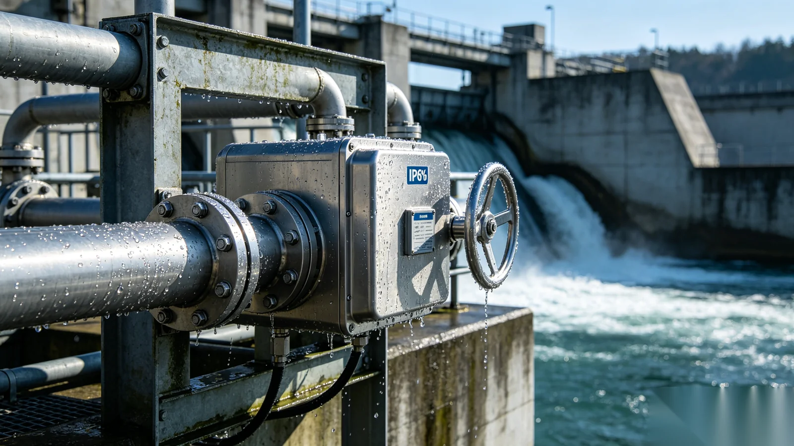 Corrosion-protected gear operator with sealed enclosure at outdoor hydropower installation