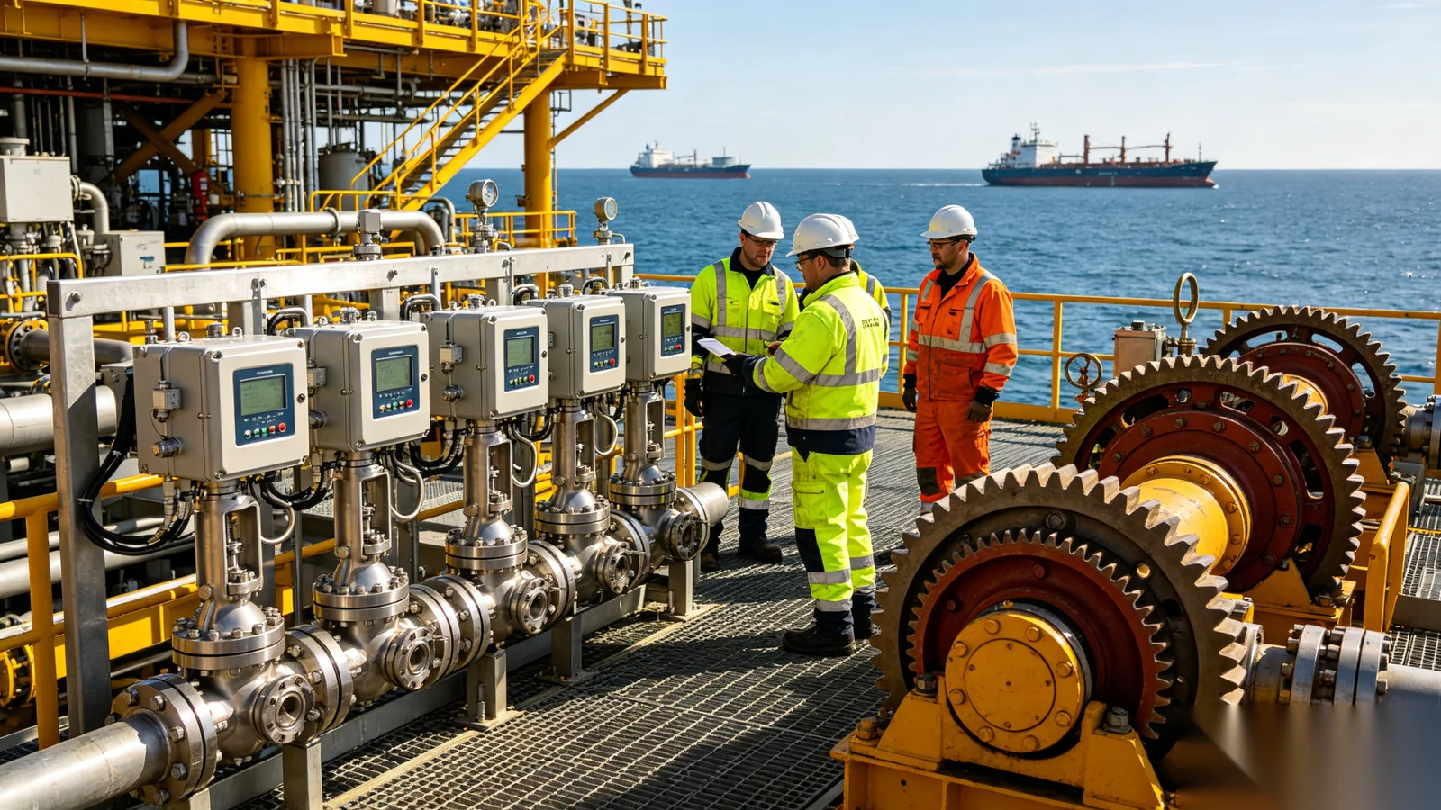 Engineering team reviewing marine EPC valve automation submittals for shipbuilding project