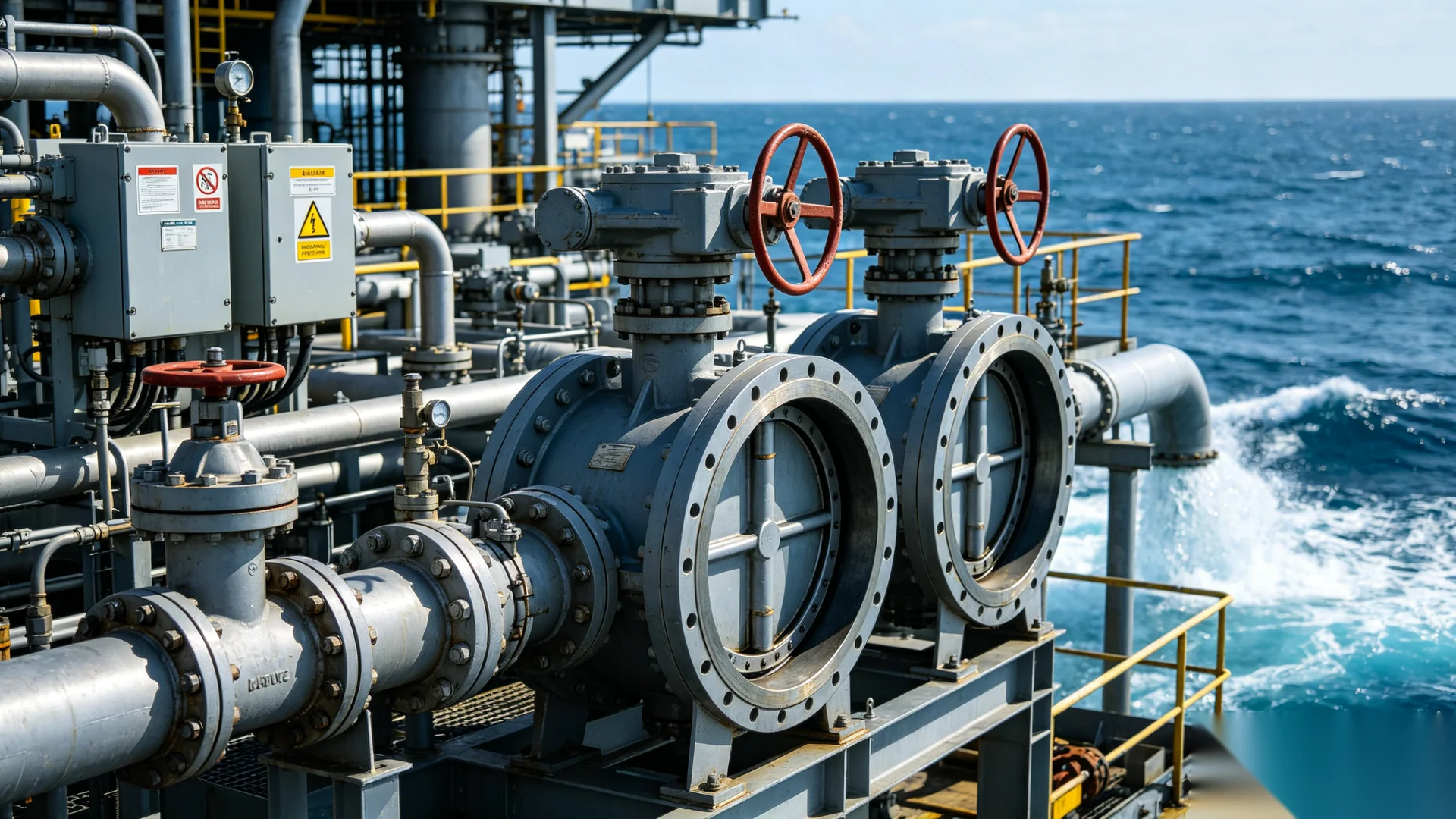 Heavy duty worm gear operator on marine valve aboard offshore vessel
