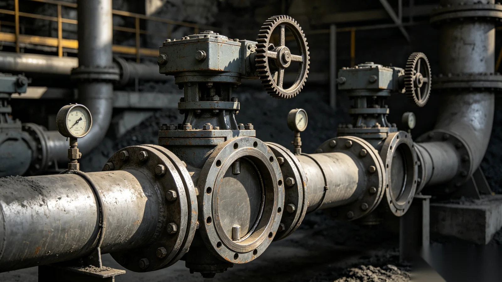 Knife gate and butterfly valves with worm gear operators on mining slurry systems