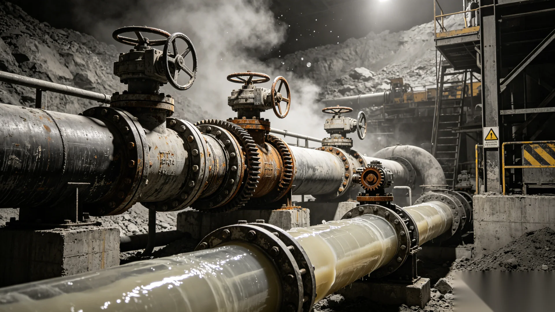 Heavy-duty worm gear operators on mining slurry pipeline valves in an industrial processing facility