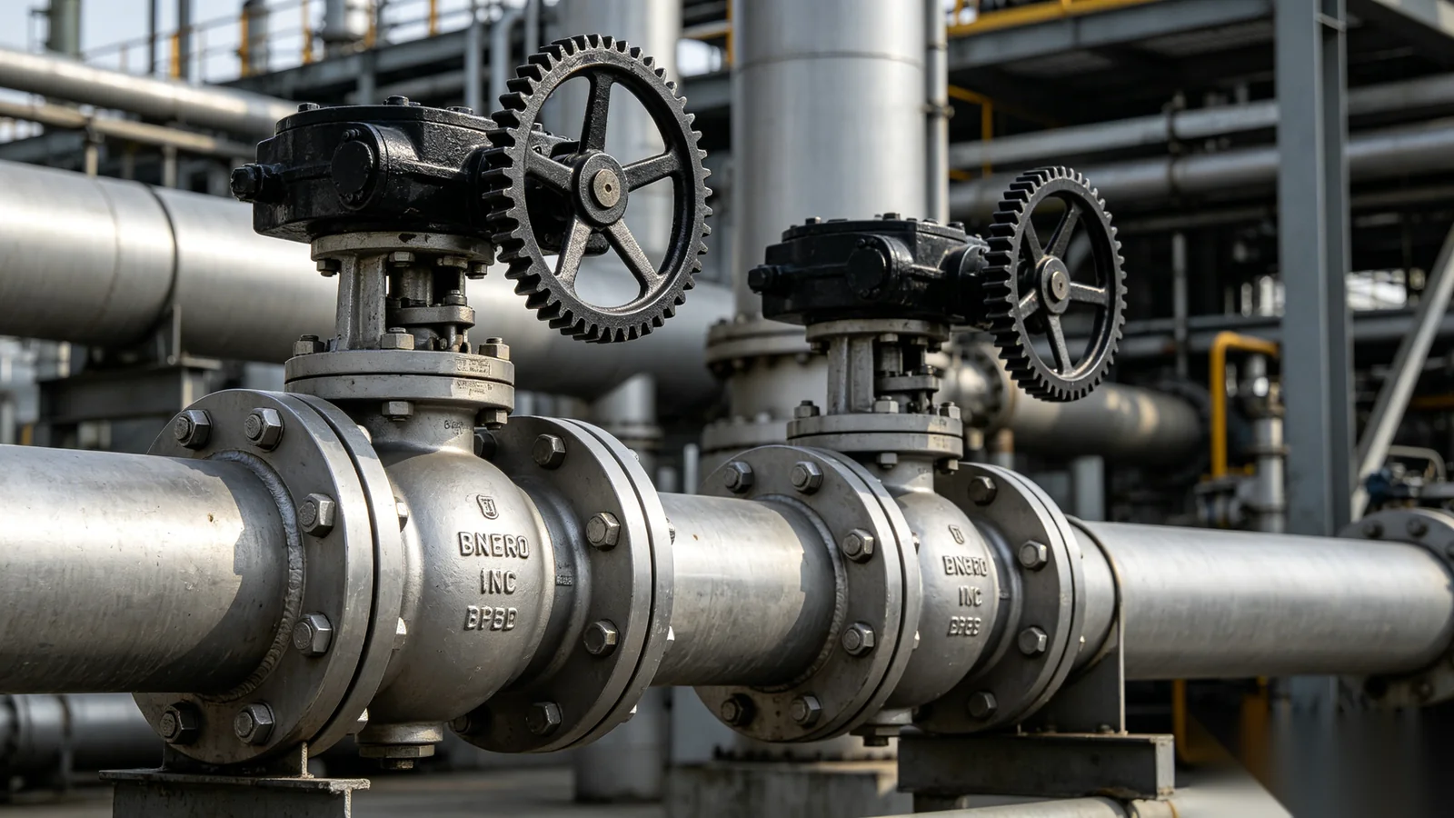 Ball and gate valves with gear operators on oil and gas pipeline and refinery installation