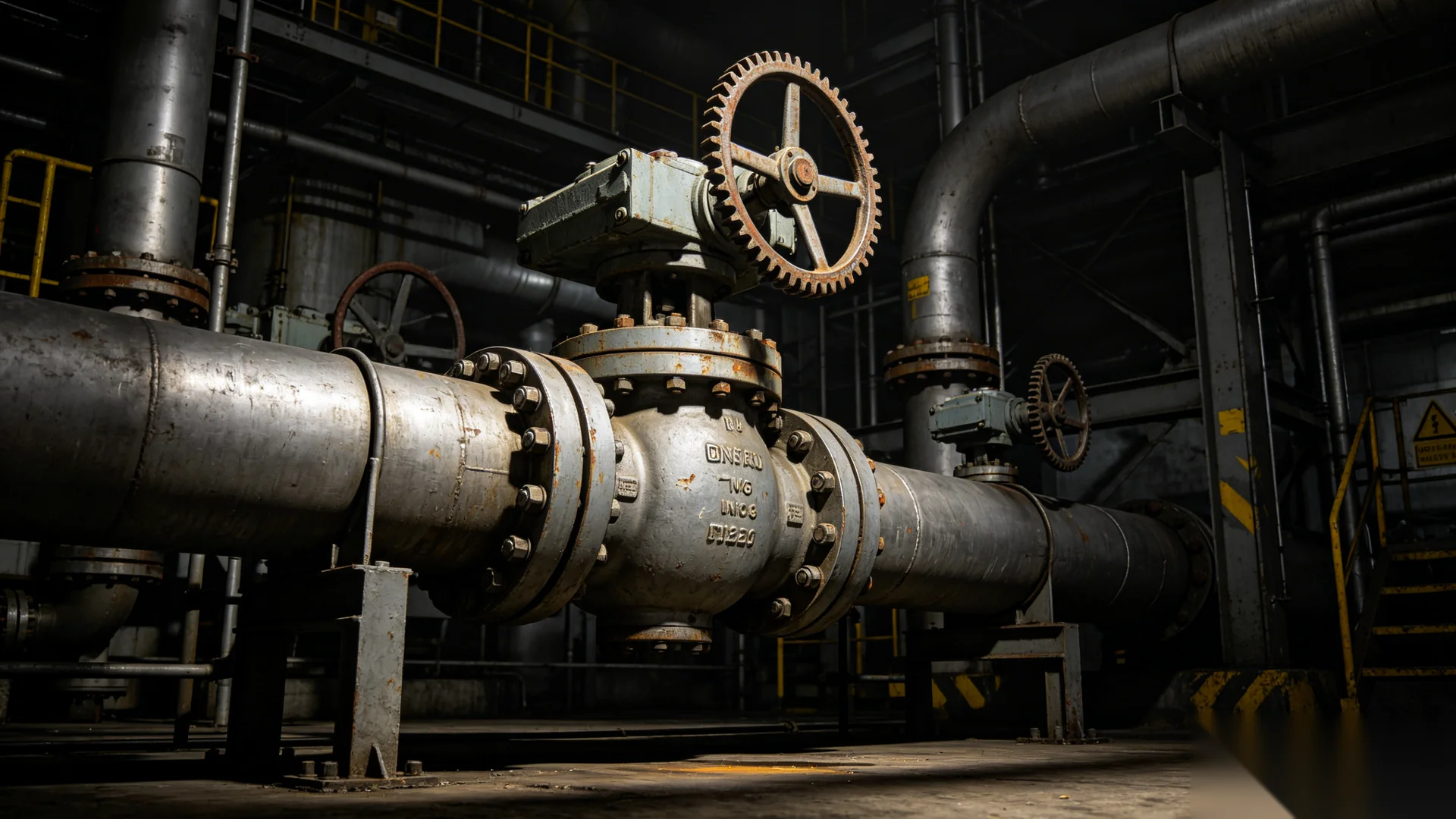 Oil and gas pipeline valve with heavy duty worm gear operator at refinery installation