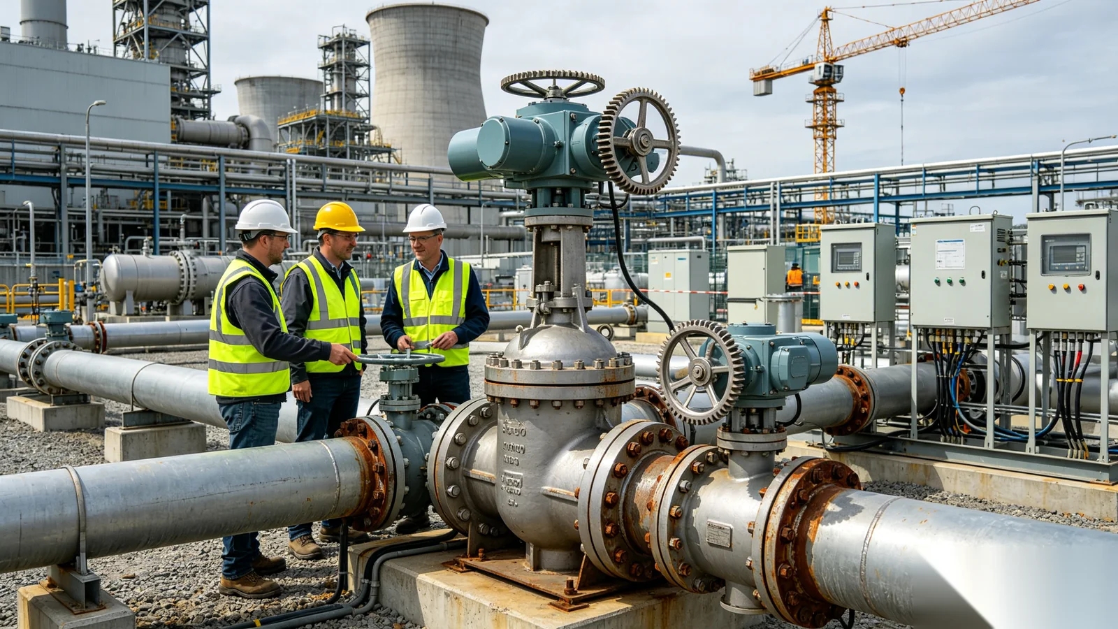 Engineering team reviewing power generation EPC valve automation submittals and CAD documentation