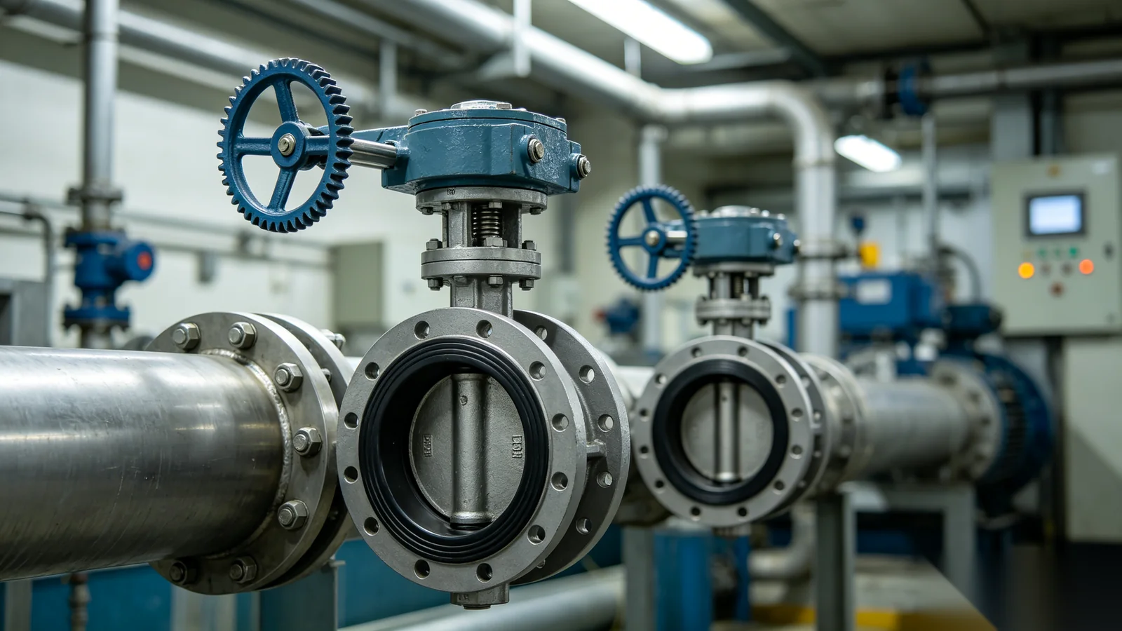 Butterfly and gate valves with gear operators installed in a water treatment facility