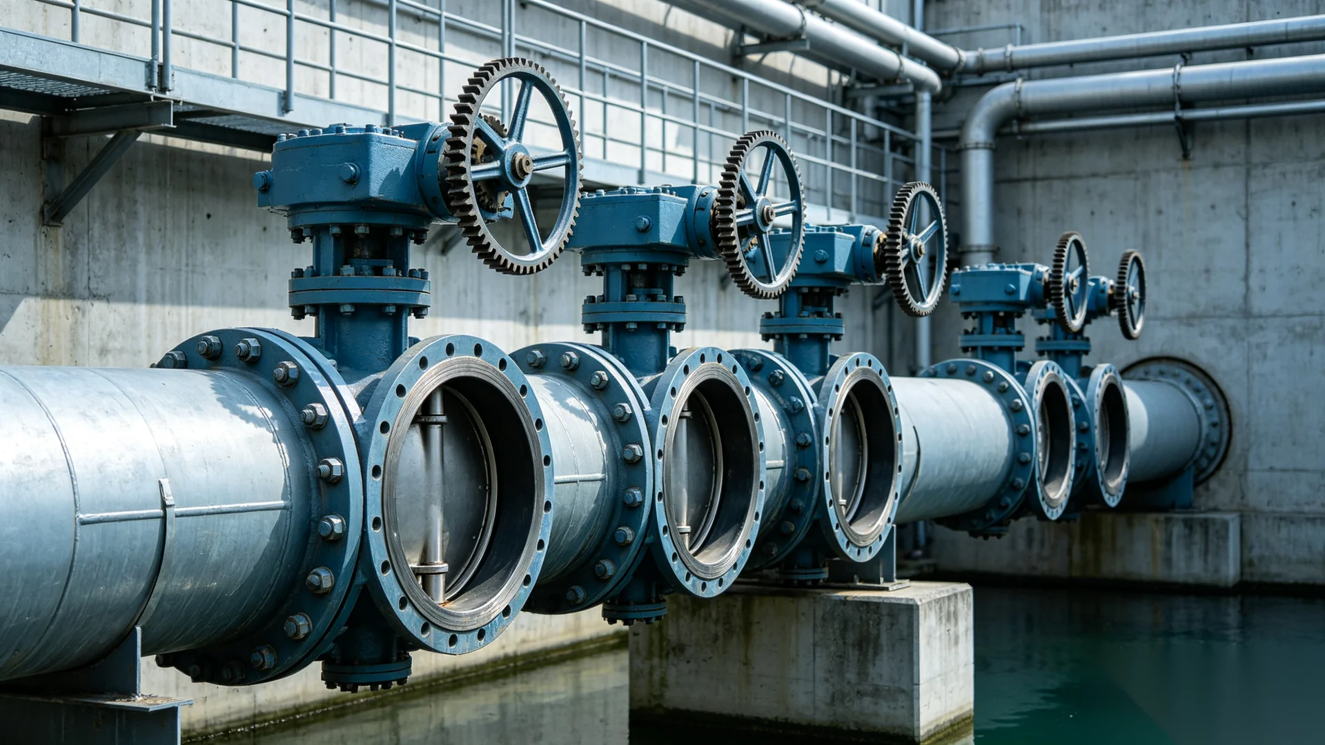 Municipal water treatment plant with butterfly valves, gate valves, and valve automation systems
