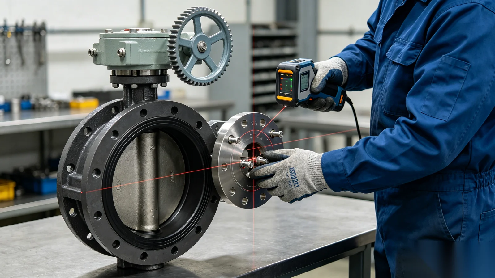 Engineer aligning worm gear operator with ISO5211 flange on valve