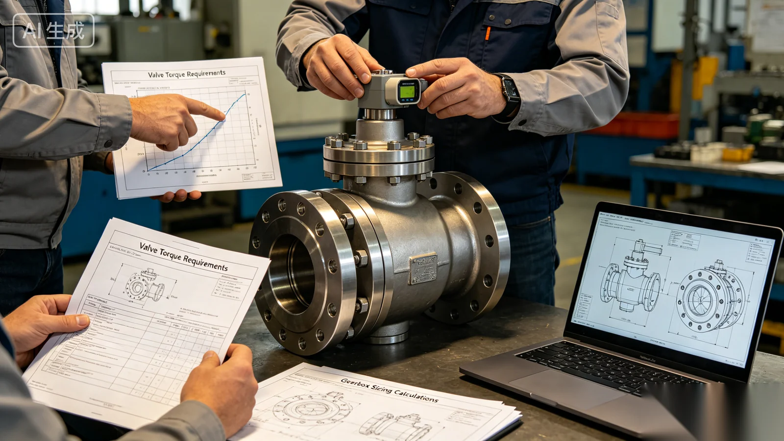 Engineer calculating required gearbox torque from valve operating torque and safety factor